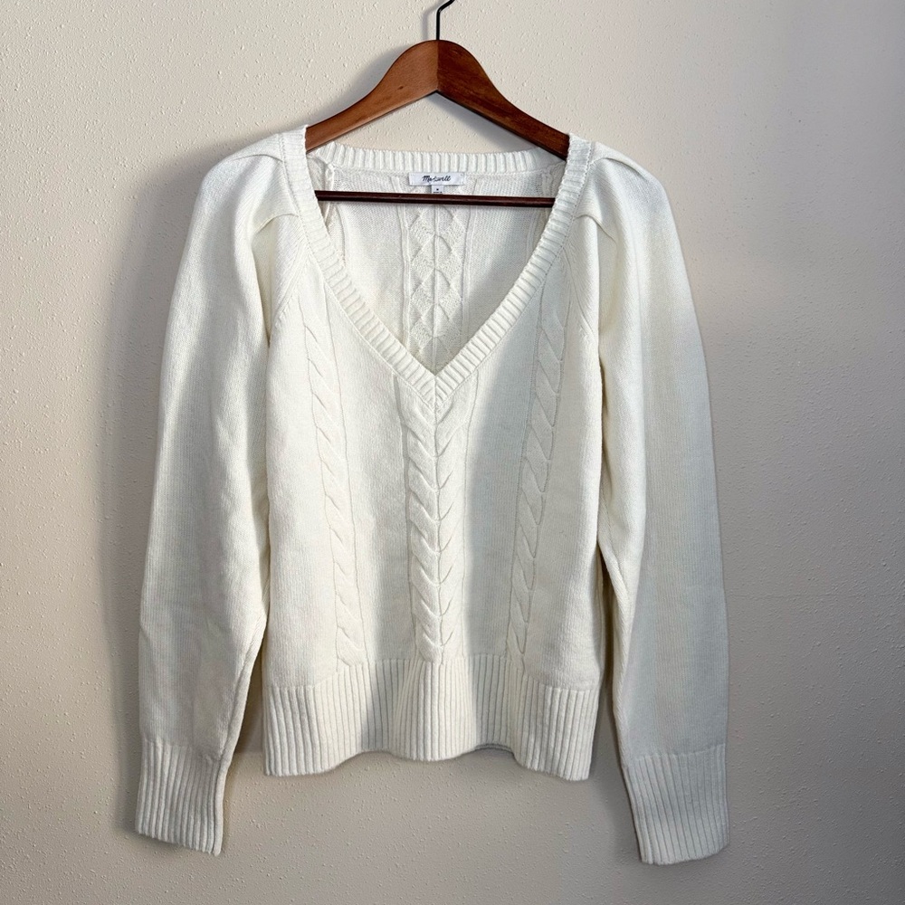 Madewell Ivory Cable Knit V-Neck Sweater Puff Sleeve Medium
